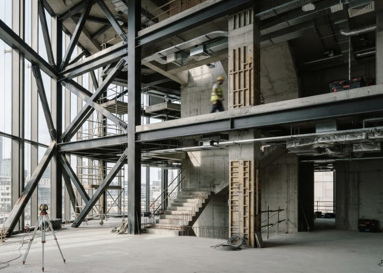 Struttura portante in acciaio e cemento armato a vista in un cantiere edile