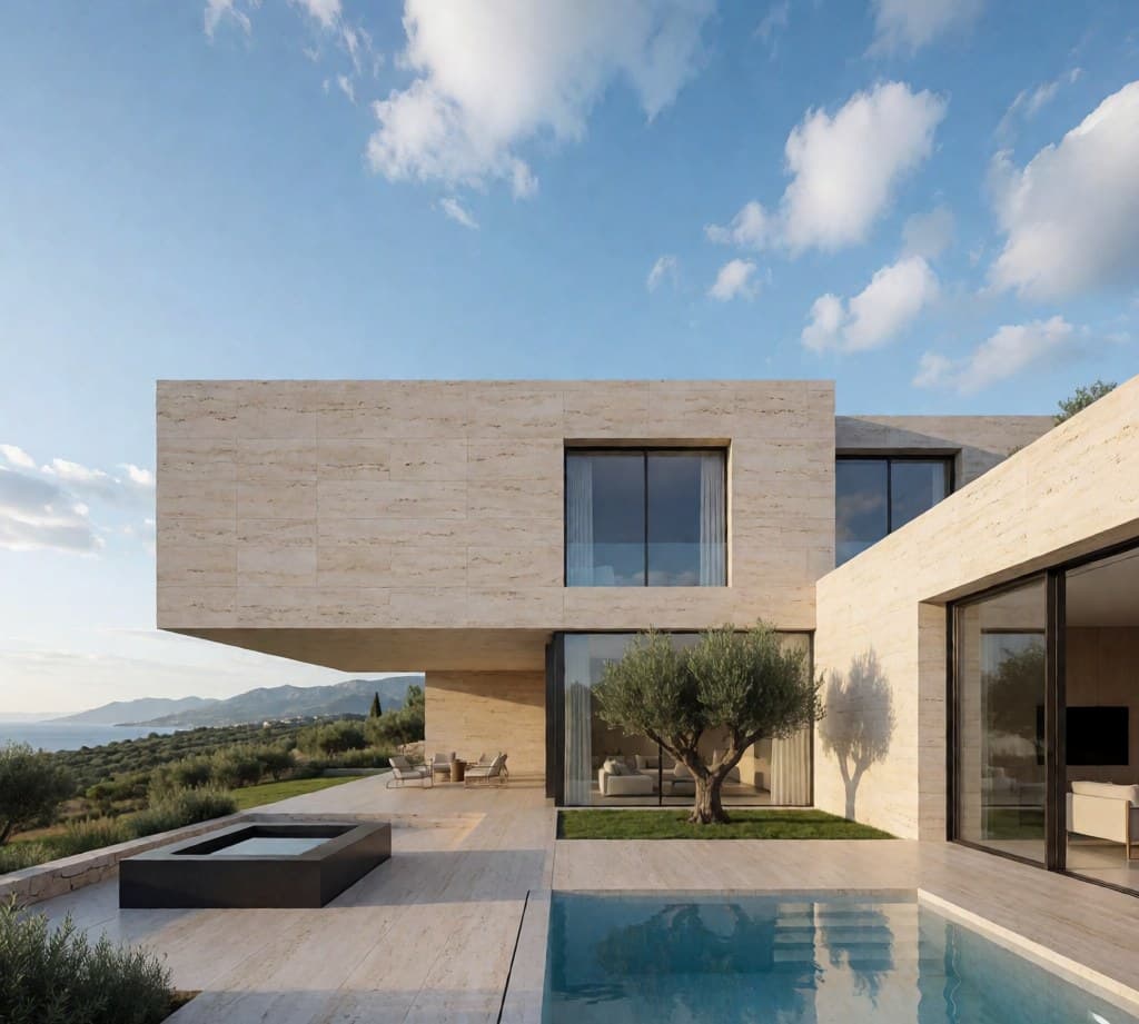 Villa con facciata in pietra, piscina a sfioro e vista panoramica